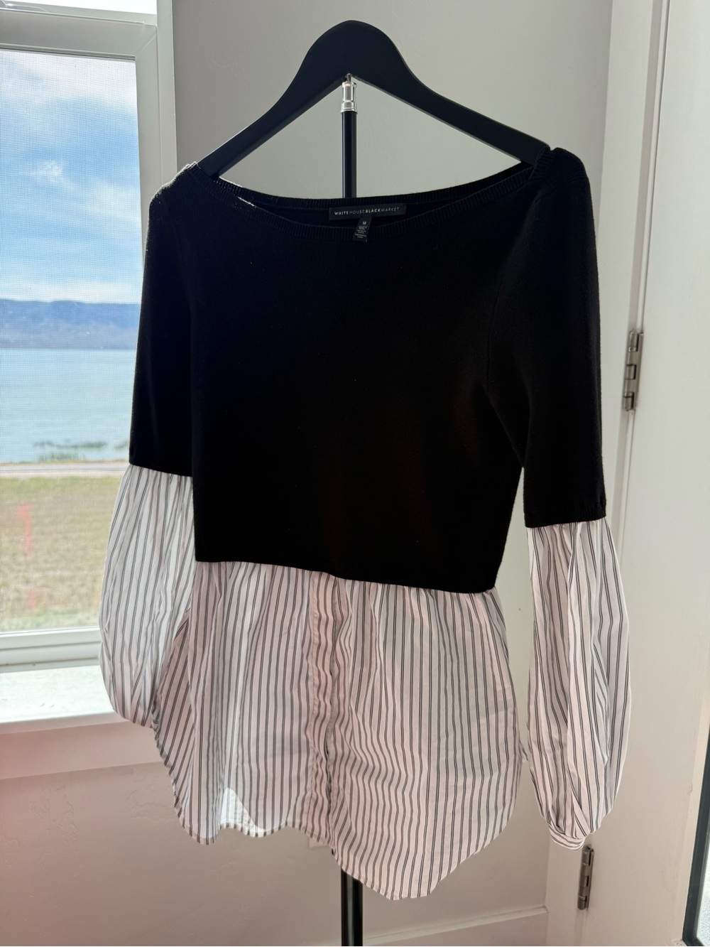 White House Black Market Black Knit Top with White Striped Shirt Hem